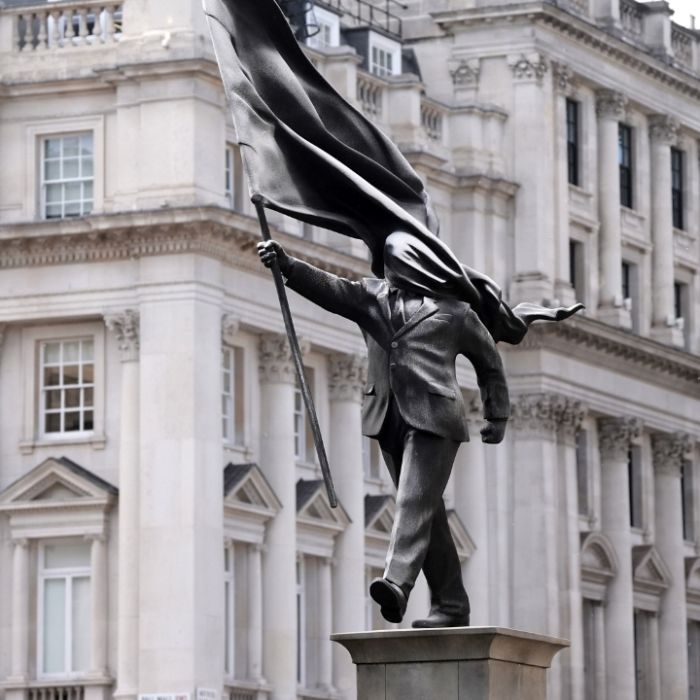 Banksy Confirms New London Statue of a Blindfolded Man Carrying a Flag Is His Work